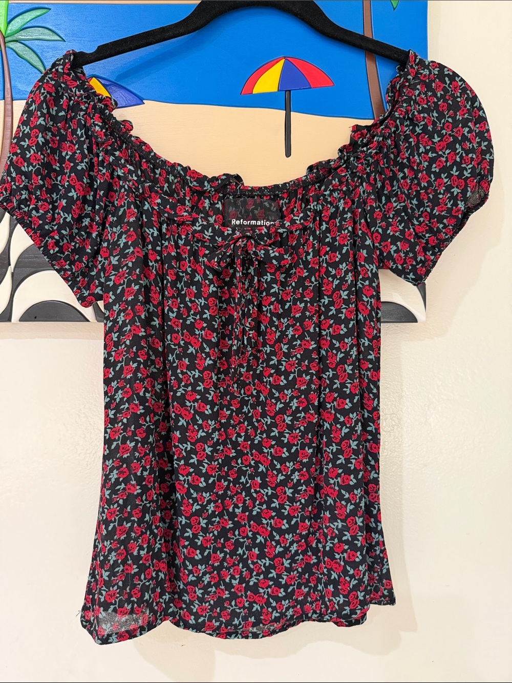Reformation Black Red Rose-Print Off-Shoulder Blouse